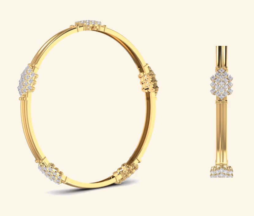Polished oval statement bangle with diamond cluster stations.