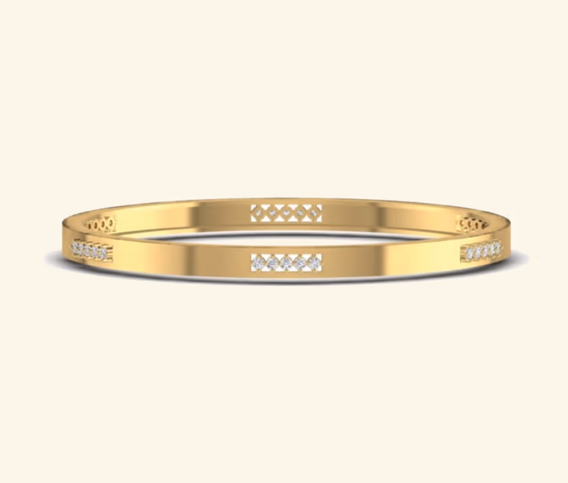 Flat gold bangle with geometric diamond stations and polished edges.