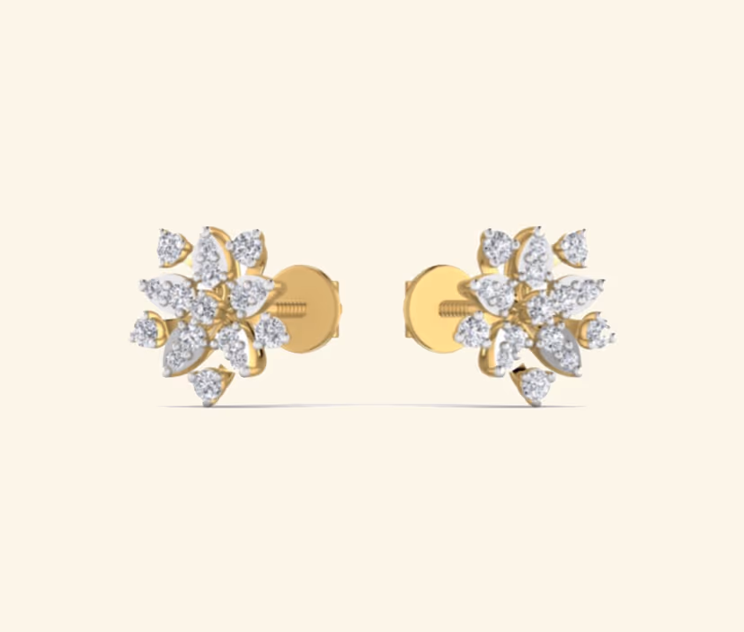 Floral diamond stud earrings with screw-back finding.