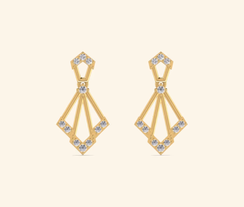Geometric diamond drop earrings with kite silhouette.