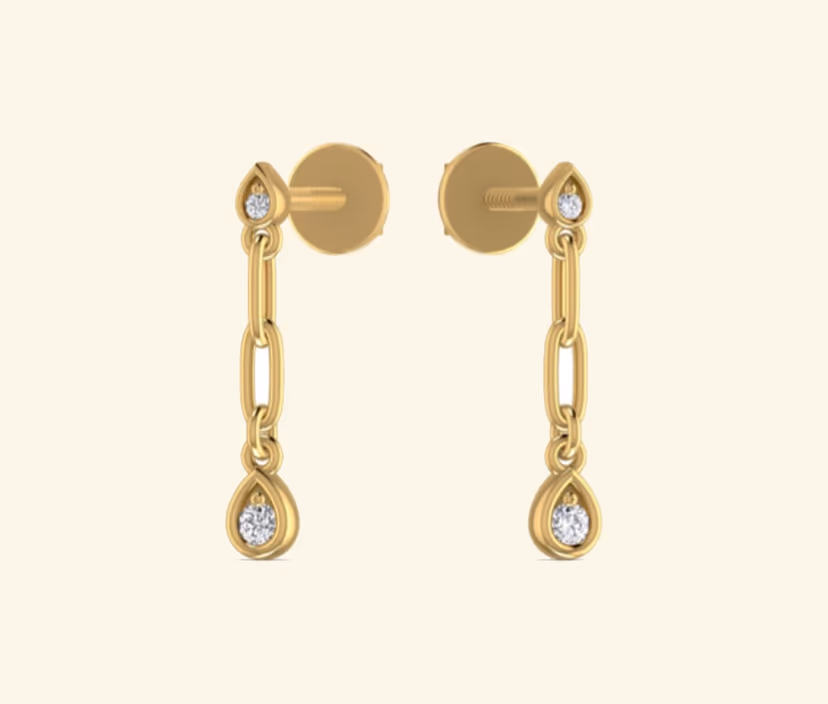 Linear chain drop earrings with diamond pear accents.