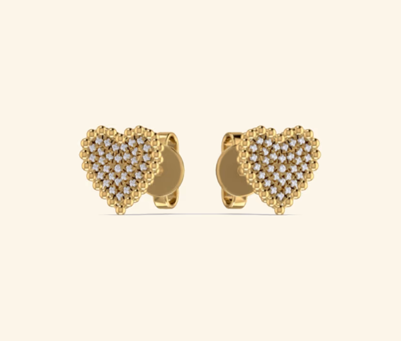 Pavé heart drop earrings with screw-back closure.