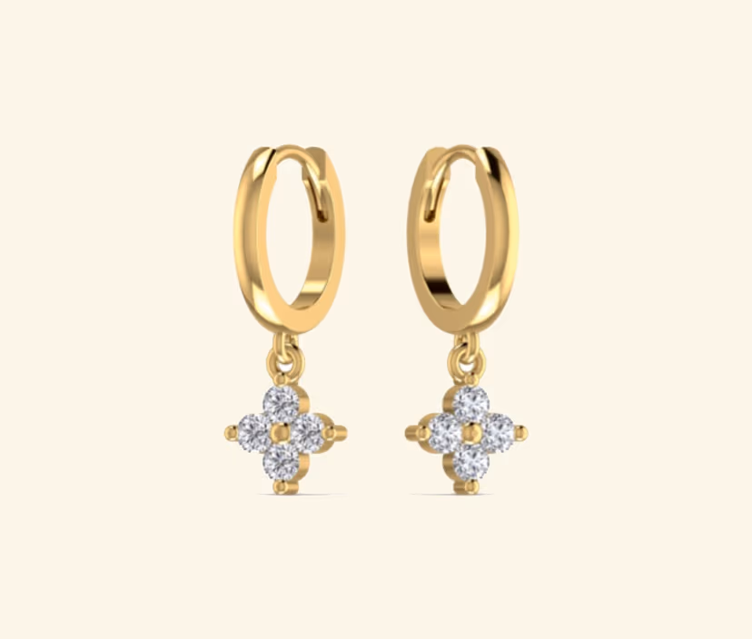 Diamond drop hoop earrings with floral cluster pendant.