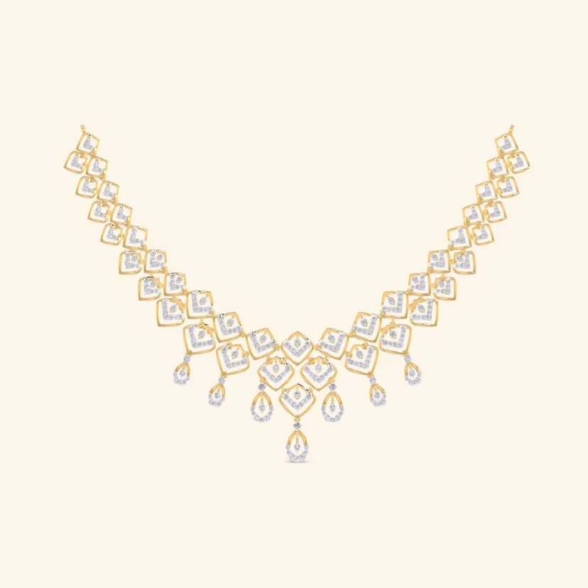 Geometric square-link diamond bib necklace.