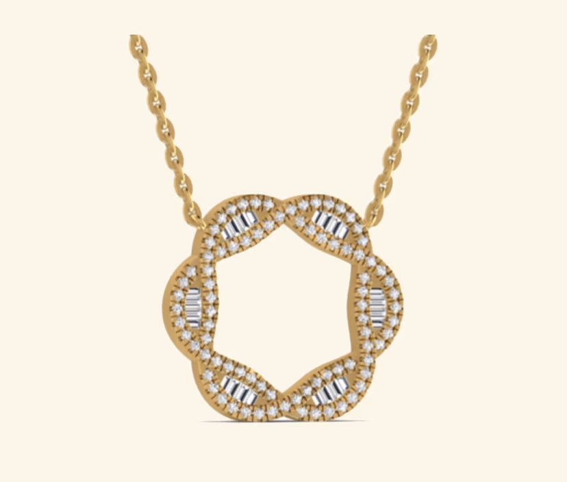 Open-circle halo pendant with pavé diamond border.