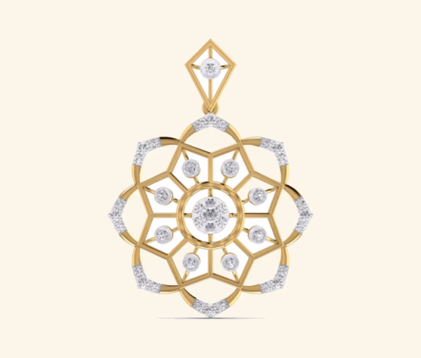 Mandala diamond pendant with delicate radial pattern.