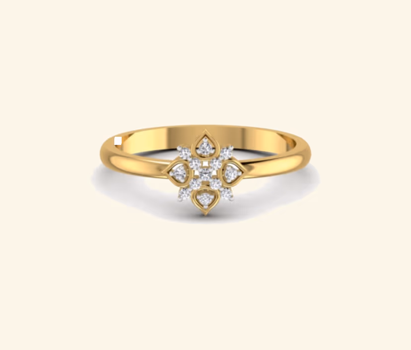 Pavé floral cluster ring with petal-set diamond center.