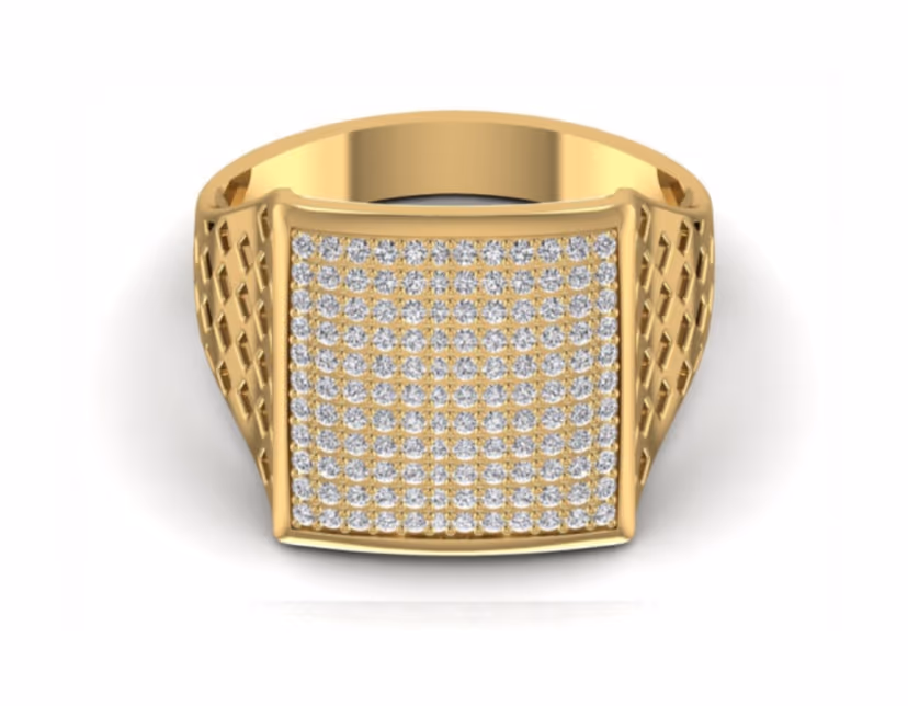 Tall rectangular pavé face framed by gold lattice galleries on a heavy band.