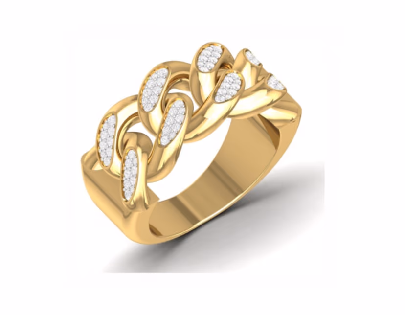 Cuban-link half band with alternating gold links and pavé-set diamond stations.