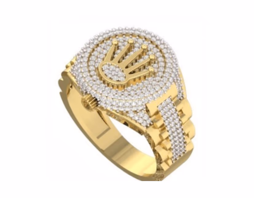 Crown emblem on a pavé halo with jubilee-style iced link shoulders.