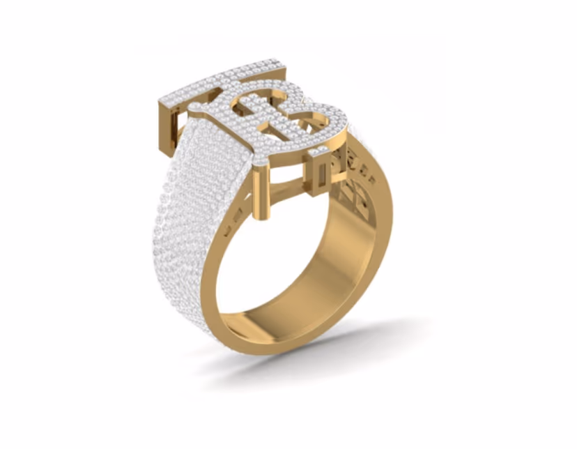 Old-English monogram letter pavé-set on a broad iced statement band.