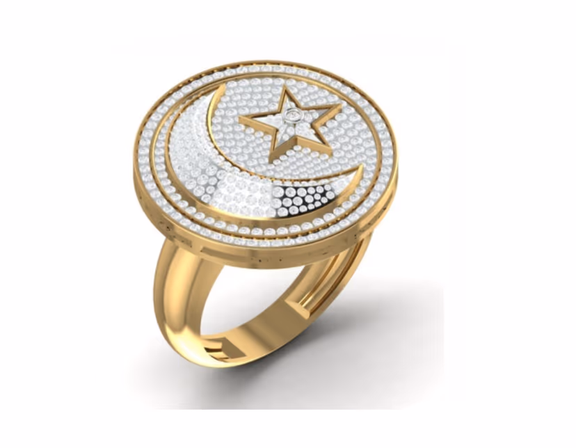 Crescent-and-star emblem raised on a fully iced round signet face.