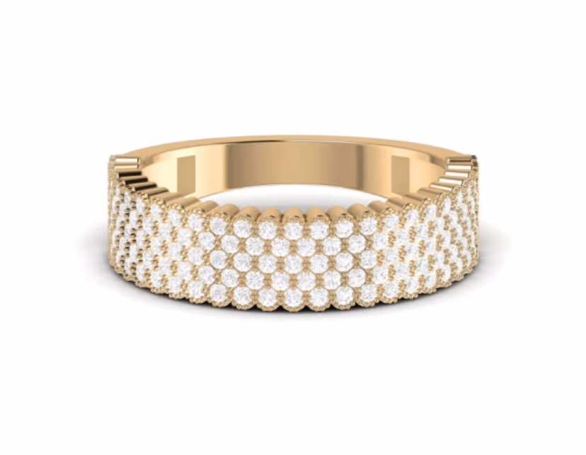 Four-row pavé band with ribbed shoulders and a continuous diamond surface.