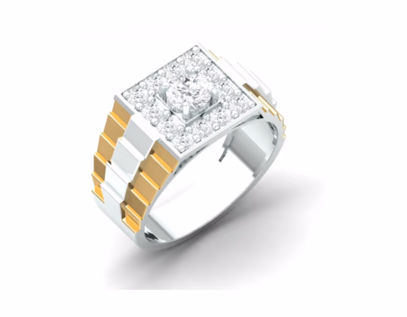 Round halo solitaire flanked by two-tone Rolex-style link shoulders.