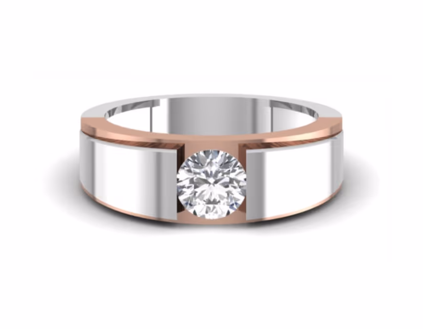 Two-tone tension solitaire with a single round between gold-bordered white panels.