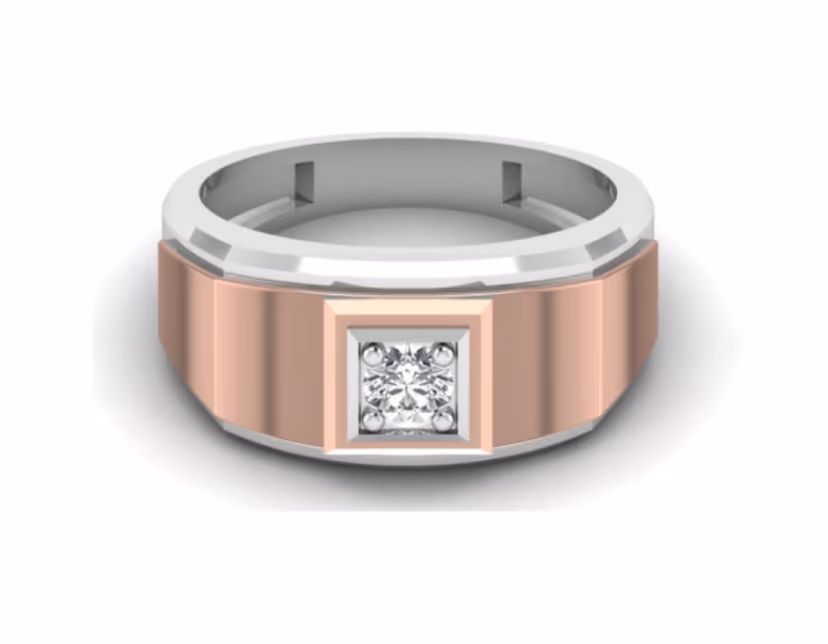 Two-tone rose-and-white signet with a flush-set diamond on a bevelled band.