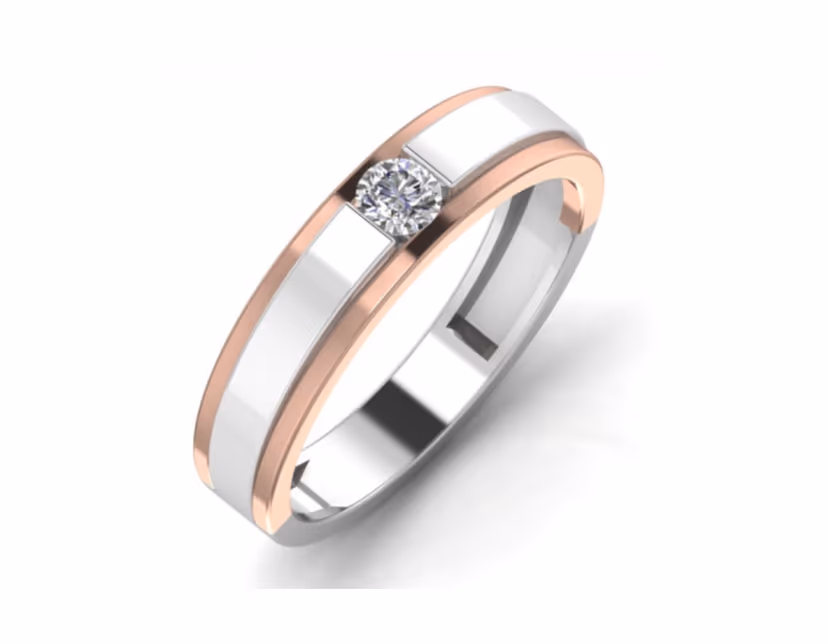Slim two-tone band with rose channels framing a single bezel-set round.