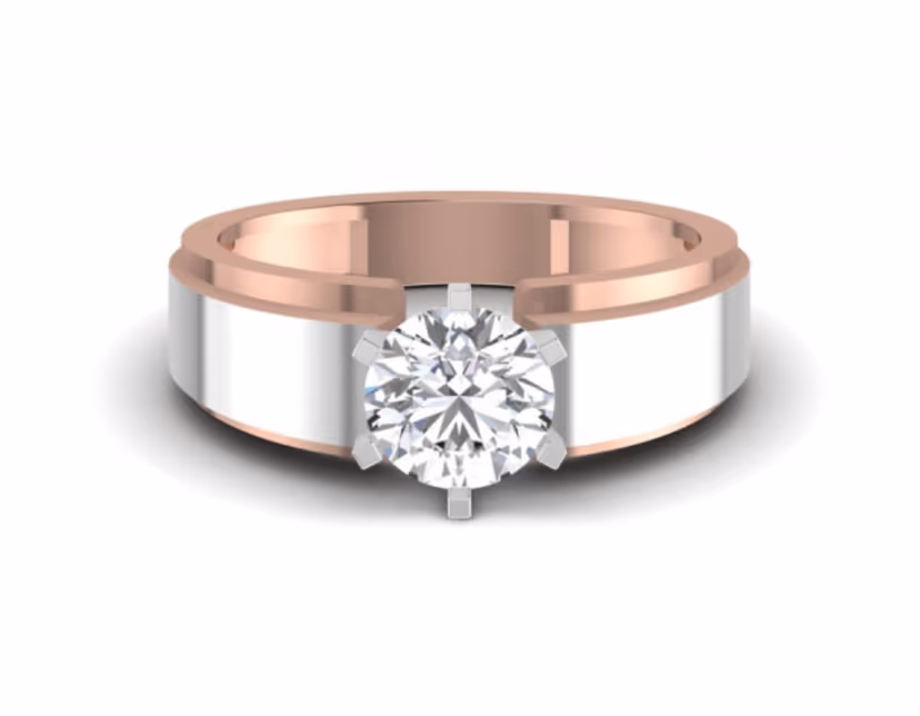Wide two-tone solitaire with a six-prong round on rose-and-white panels.