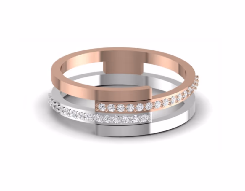 Stacked split open band with rose and white rows over a slim diamond inlay.