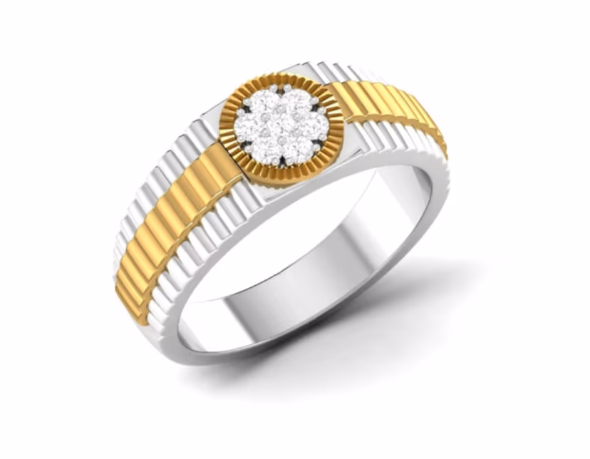 Pavé floral cluster set inside a fluted two-tone Rolex-style band.