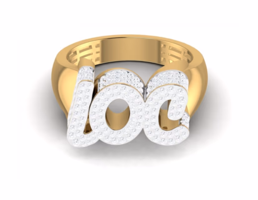 Cursive nameplate ring fully pavé-set in flowing Roman script lettering.
