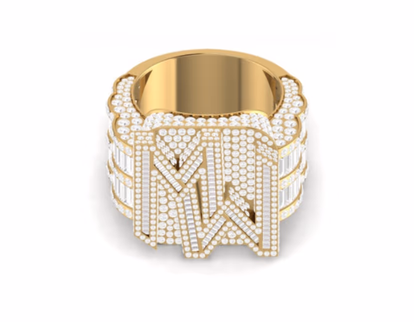 Pavé eternity with a raised baguette MW monogram and column side detail.