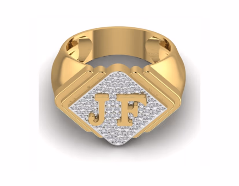 Diamond-shape pavé signet with raised gold JF initials on a faceted band.