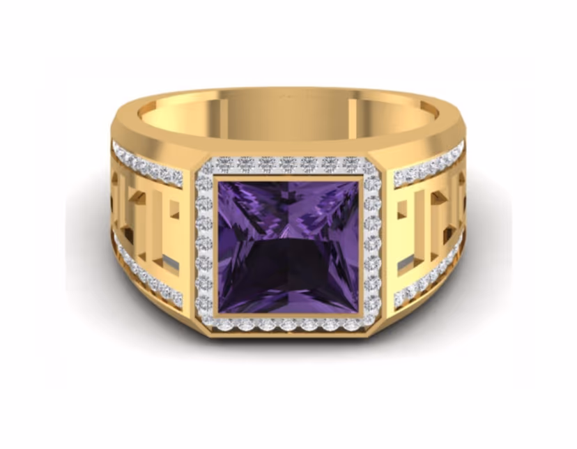 Princess-cut amethyst centre with a pavé halo and openwork Greek-key shoulders.