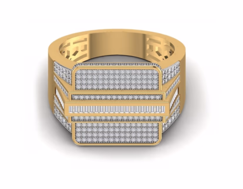 Rectangular signet with horizontal pavé bars wrapping a baguette core.