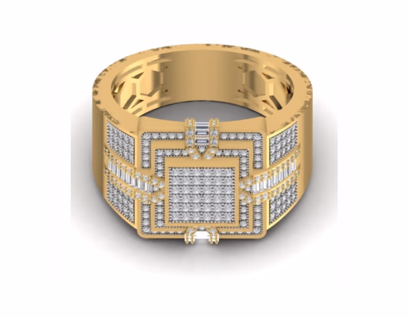 Wide pavé eternity band with a baguette-framed pavé square plaque.