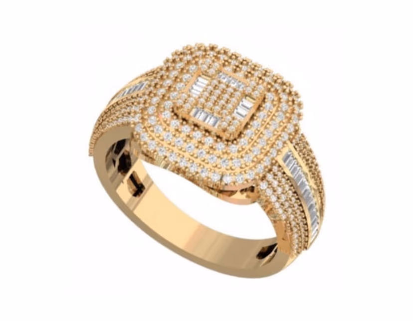 Tiered cushion cluster with a baguette grid centre and concentric pavé halos.