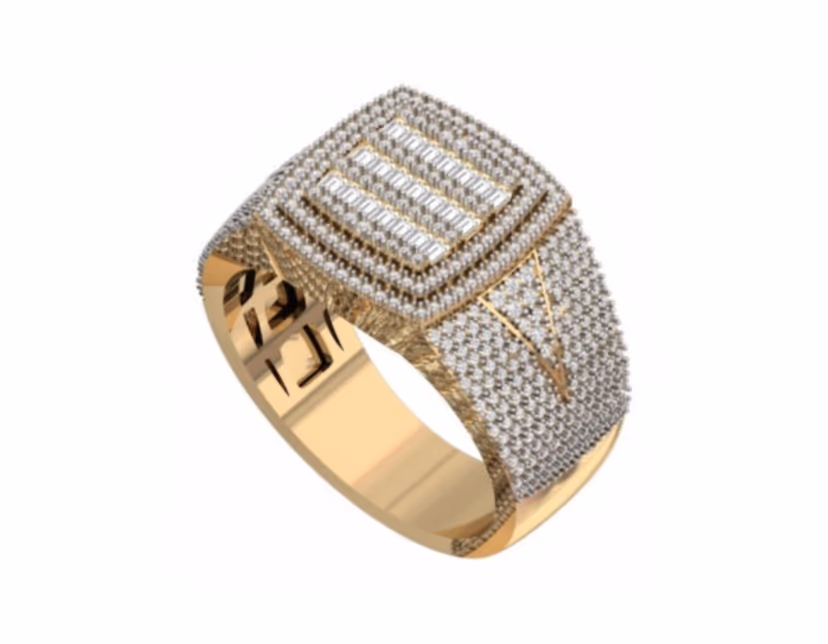 Wide pavé band with a rectangular baguette panel and an engraved flame detail.