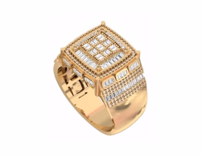 Square baguette-grid face with cascading baguette and pavé shoulder rows.
