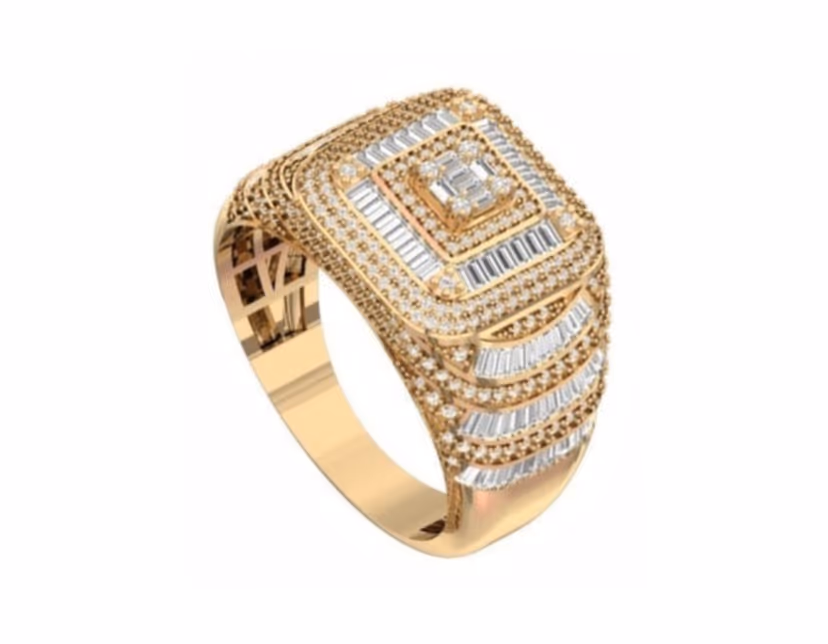 Tiered cushion baguette face cradled by rolling pavé side rows.