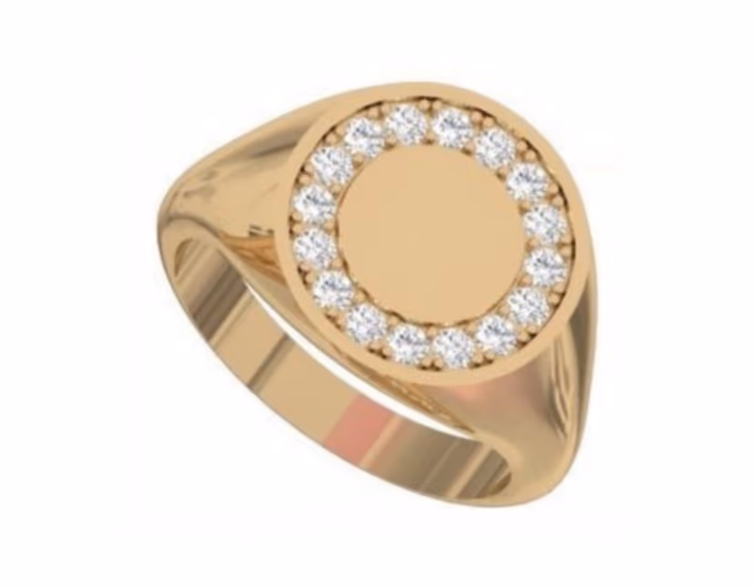 Minimalist pavé halo signet with an engravable polished gold centre disc.