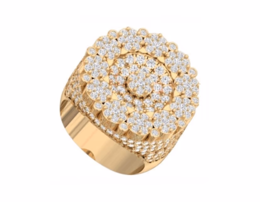 Domed flower-cluster face with stacked pavé floral halos.