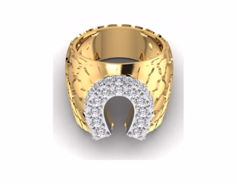 Open horseshoe pavé motif set on a hammered gold band.