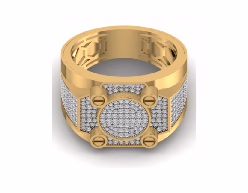Pavé eternity with a central oval pavé disc and screw-rivet corner detail.