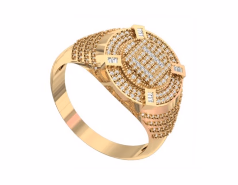 Round pavé face with corner baguette accents on tapered pavé shoulders.