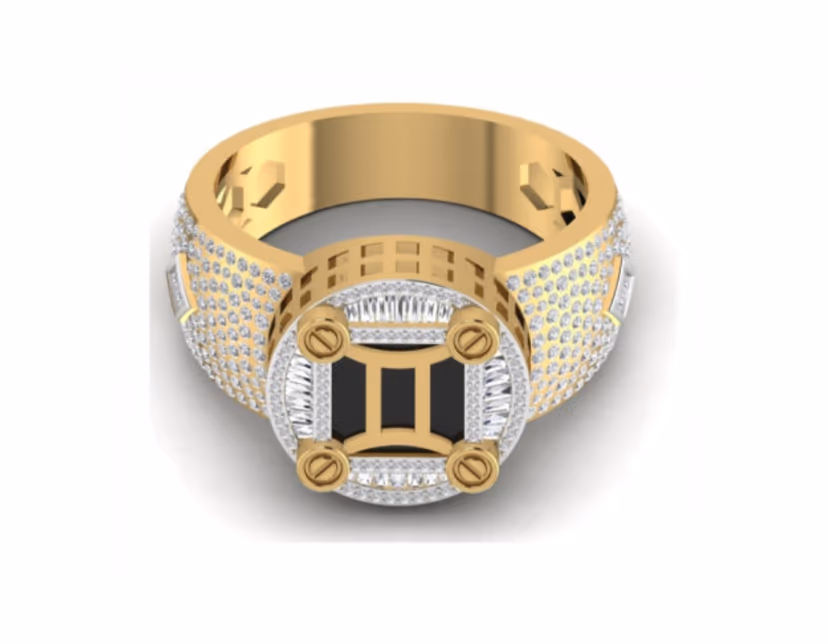 Cartier-style screw-set rectangular face with a centre baguette-and-onyx panel.