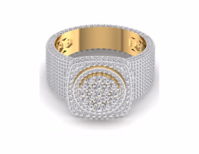 Wide pavé eternity with a raised cushion pavé centre and openwork inner shank.