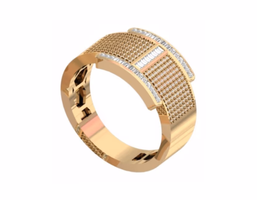 Slim pavé band with a central baguette-and-pavé bordered plaque.