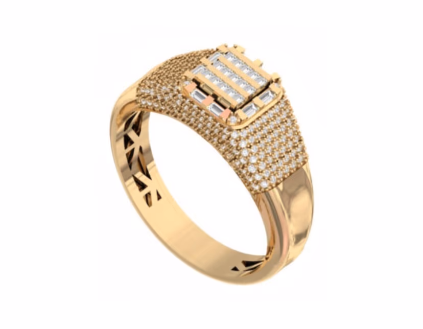 Pavé cushion top with a baguette grid centre and triangular openwork sides.