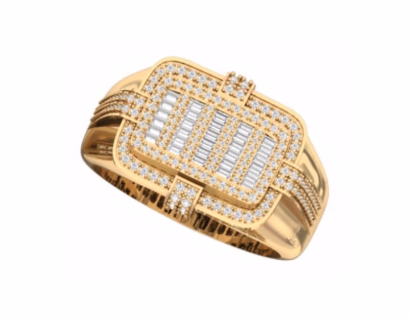 Rectangular cushion baguette-grid signet with rope-edge milgrain framing.