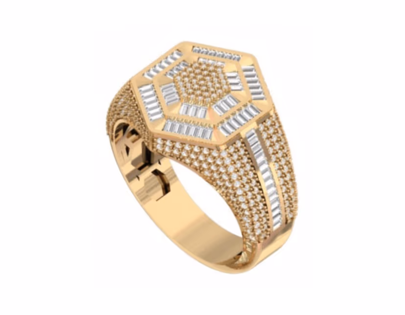 Hexagonal baguette burst face with dense pavé taper-down shoulders.