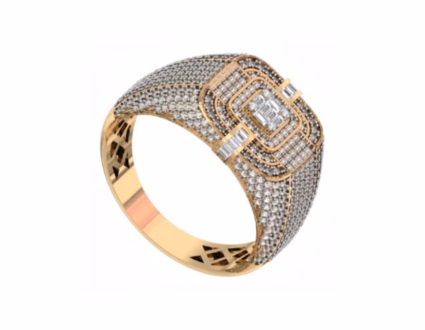 Layered emerald-cut baguette centre on a wide pavé halo dome.