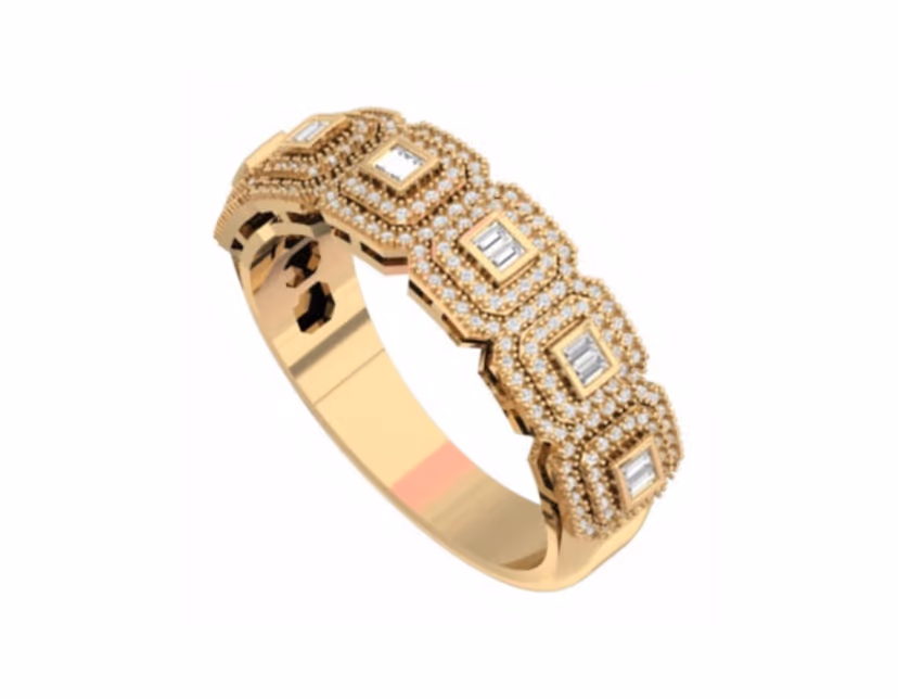Five-square eternity band with bezel-set baguettes inside pavé frames.