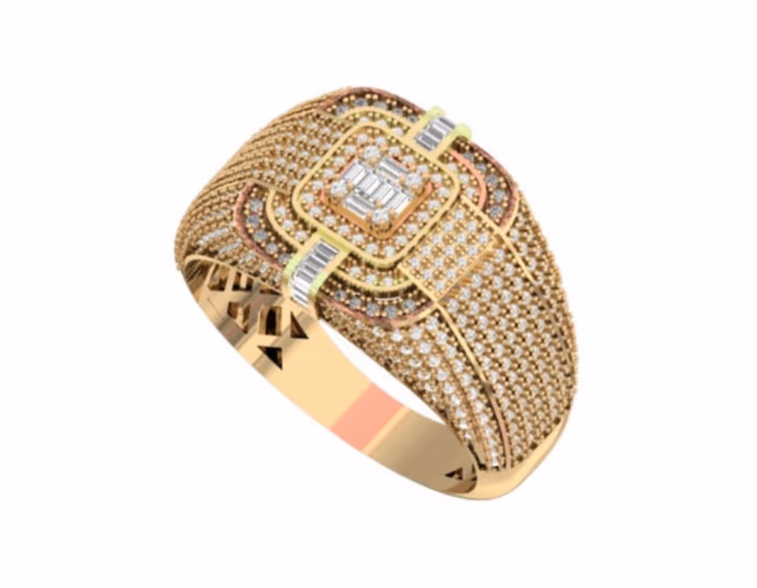 Stacked square baguette centre with mixed-tone halos and a pavé surround.