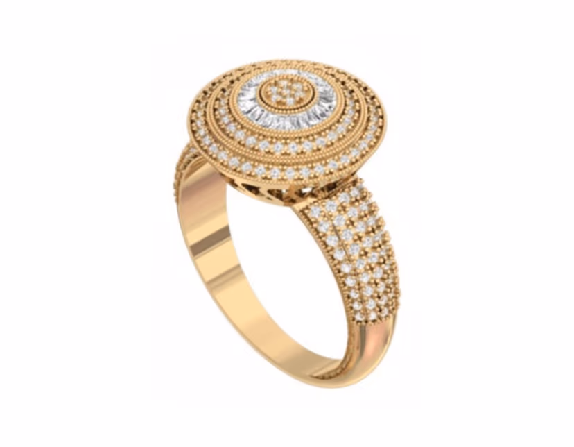 Round halo dome with a central pavé disc and ribbed gold side rays.