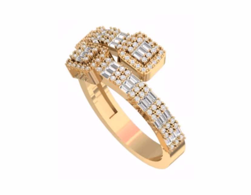 Raised pavé C signature on a sculpted baguette-and-pavé shank.
